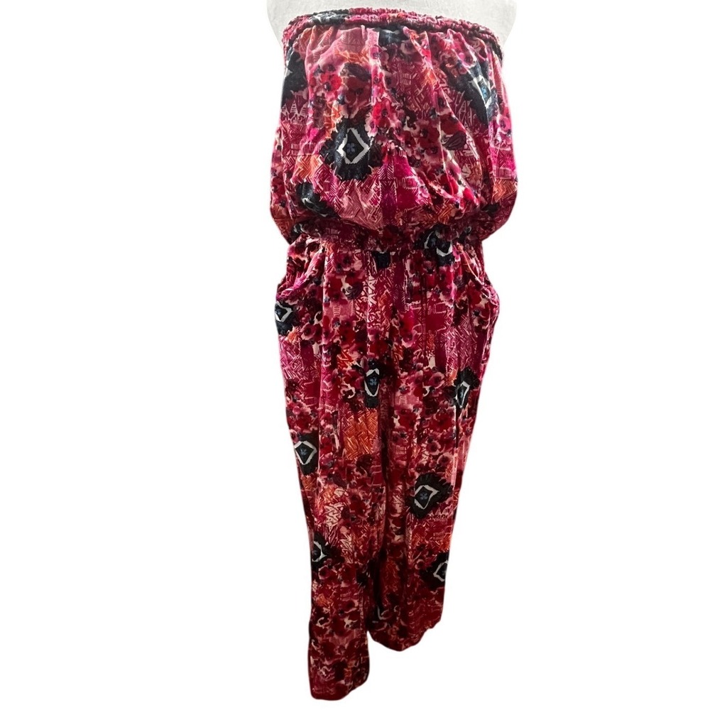 ❤️Womens Pink Boho Geometric Strapless Jumpsuit Elastic Waist Rayon Size XL